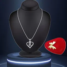 Lila Silver-Plated CZ Studded Stainless Steel Alphabet 'R' Heart Shaped Pendant With Chain-image-57