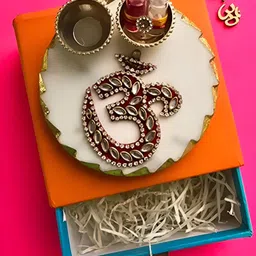 HOMEARTE White Round Shape Om Pooja Platter With Roli Chawal Pot-image-15