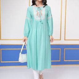 Vishudh Turquoise Blue Floral Embroidered Tie-Up Neck Thread Work A-Line Kurta-image-12