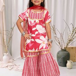 Cutiekins Girls Floral Printed Regular Gotta Patti Kurta with Sharara & Dupatta-picture-12