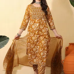 Sangria Women Floral Printed Regular Pure Cotton Kurta with Trousers & With Dupatta-picture-1