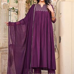 Moda Rapido Floral Yoke Design Sequinned Notch Neck Anarkali Kurta with Trousers & Dupatta-45