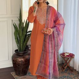 KALINI Yoke Design Embroidered Notch-Neck Straight Kurta With Trousers And Dupatta-4