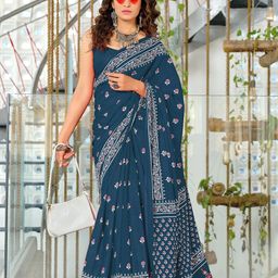 KALINI Floral Block Printed 1-Minute Ready to Wear Mulmul Cotton Saree With Blouse-picture-2