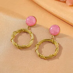 Yellow Chimes Gold-Plated Stone-Studded Circular Drop Earrings-16