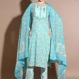 Anouk Turquoise Blue Floral Printed Pure Cotton Straight Kurta & Trouser & Dupatta-10