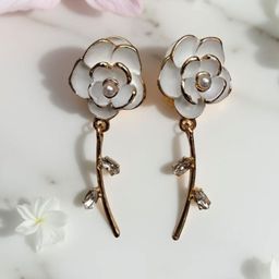 VYRA Stainless Steel Gold-Plated Zircon Studded Floral Drop Earrings-image-84