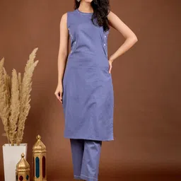 Meena Bazaar Round Neck Sleeveless Sequinned Straight Cotton Kurta With Trouser-image-73