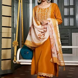 HETVI CREATION Floral Embroidered Zari Straight Kurta With Trouser & Dupatta-image-60