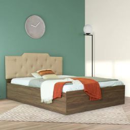 mintwud from pepperfry Himari Queen Size Upholstered Bed in Beige & Walnut Colour With Box Storage-picture-1