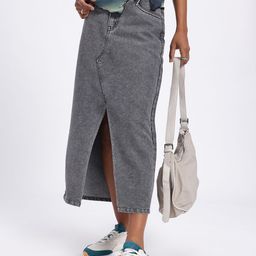 glitchez Utility Weave Front Slit Midi Denim Skirt-image-59