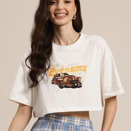 HERE&NOW Printed Drop-Shoulder Sleeves Pure Cotton Cropped Boxy T-shirt-picture-38