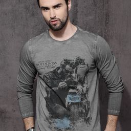 Roadster Men Charcoal Printed Round Neck Pure Cotton T-shirt-image-54