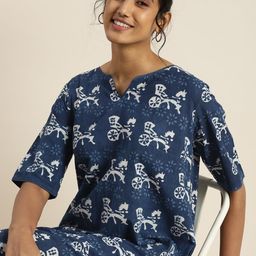 Taavi  women Blue Indigo Hand Block Print Pure Cotton Nightdress-image-23