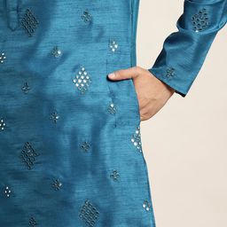 SOJANYA Men Blue Embroidered Mirror Work Kurta with Pyjamas With Nehru Jacket image 5