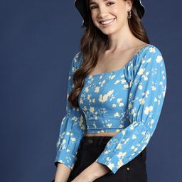 Mast & Harbour Floral Print Smocked Back Crop Top-image-13