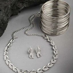 Zeneme Silver Plated White AD Studded Jewellery Set-72