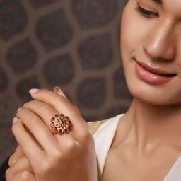 Aatmana Gold-Plated Maroon & Green Stone-Studded Floral Shaped Adjustable Finger Ring-image-91