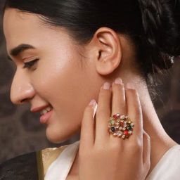 Aatmana Gold-Plated Navratan Inspired Multicolored AD Stone-Studded Adjustable Finger Ring-44