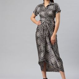 Cottinfab Ethnic Motifs Print Gathered-Detail Satin Shirt Midi Dress-8