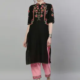 Ishin Black Cotton Embroidered Straight Kurta-25
