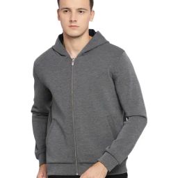 Basics Grey Slim Fit Self Pattern Hooded Jacket-image-90