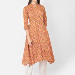 Span Yellow & Pink Cotton Printed A Line Kurta-image-50