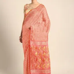 Kalakari India Coral & Gold Cotton Silk Zari Work Saree With Unstitched Blouse-picture-34