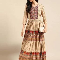 SHOWOFF Beige Cotton Embroidered Anarkali Kurta-image-91