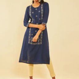 Soch Navy Blue Rayon Slub Zari Embroidered Panelled Straight Kurta-image-8