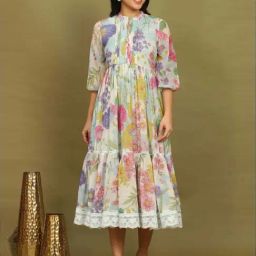 W for Woman White Floral Printed Tiered Chiffon Dress with Lace Detail-image-79