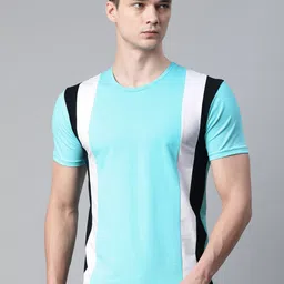 Pierre Carlo Men Turquoise Blue & Black Striped T-shirt-image-86