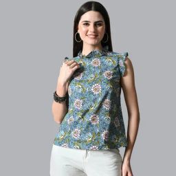 DECKEDUP Blue Cotton Floral Print Top-image-17