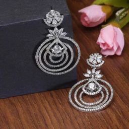 Zeneme Rhodium Plated AD Studded Circular Dangler Earrings-23