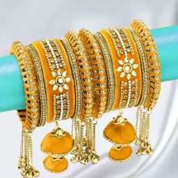 Peora Velvet Matching Kundan Floral Silk Thread Chura Bangle Set Gift for Women (2.6 inch) (Yellow)-image-99