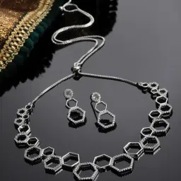 Zeneme Rhodium Plated American Diamond Studded Jewellery Set-image-18
