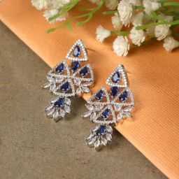 Zeneme Rhodium Plated AD studded Triangular Shaped Drop Earrings-4