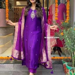 KALINI Floral Embroidered V-Neck Straight Kurta With Trousers & Dupatta-picture-41