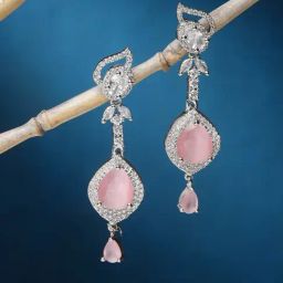 Zeneme Rhodium Plated Silver Pink AD Studded Teardrop Shaped Drop Earrings-11