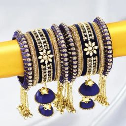Peora Velvet Matching Kundan Floral Silk Thread Chura Bangle Set Gift for Women (2.6 inch) (Blue)-image-98