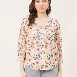 Moomaya Peach Cotton Floral Print Shirt-image-62