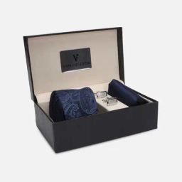 Van Heusen Navy Embroidered Tie with Pocket Square & Cufflinks-image-91