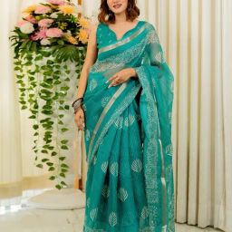 Mirchi Fashion Teal Kota Doria/Polyester Batik Saree With Unstitched Blouse-image-41