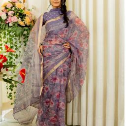 Mirchi Fashion Purple Kota Doria/Polyester Floral Saree With Unstitched Blouse-image-91