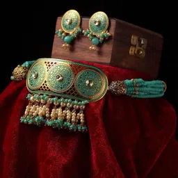 Panash Gold Plated Turquoise Blue & Beige Filigree Work Pearl Beaded Jewellery Set-image-54