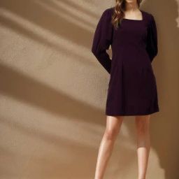 Rare Women Wine Colour Above Knee Solid Dress-image-36