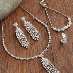 Zeneme Silver Plated White AD Studded Jewellery Set-image-110