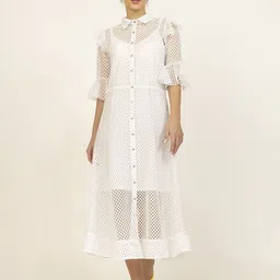 LELA Women Shirt Collar Three-Quarter Sleeves Midi Dress-image-44