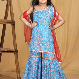 Cutiekins Girls Floral Printed Regular Gotta Patti Kurta with Sharara & With Dupatta-image-49