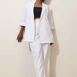 trueBrowns Indus White Crochet Natural Cotton Blazer Co-Ord Set-image-2